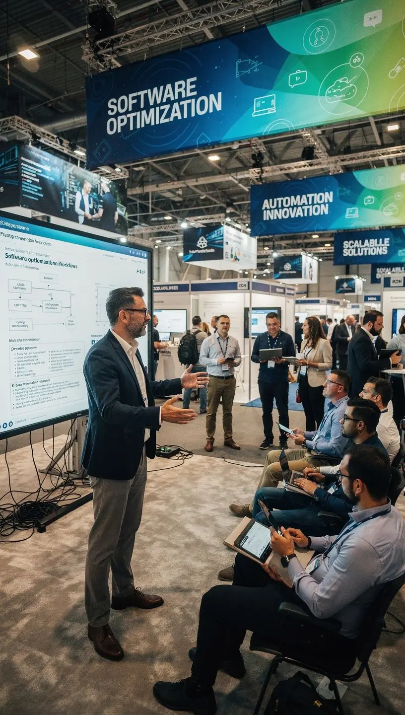 Ilustrație conceptuală cu roboți și coduri binare reprezentând automatizarea în software